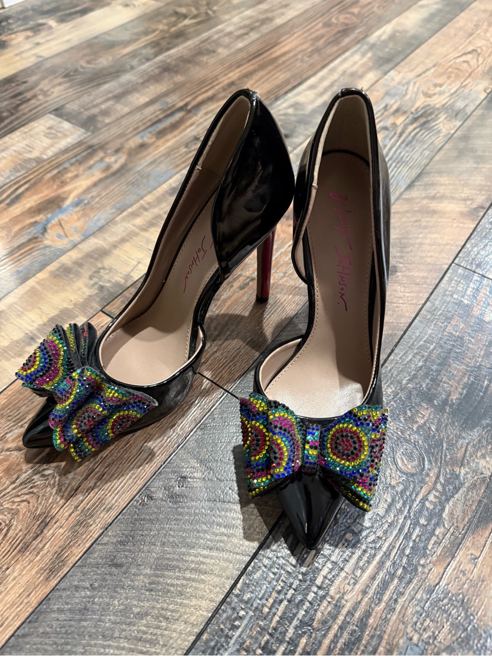 Betsey Johnson Black Patent Pointed-Toe Heels with Multicolor Beaded Bow Accent